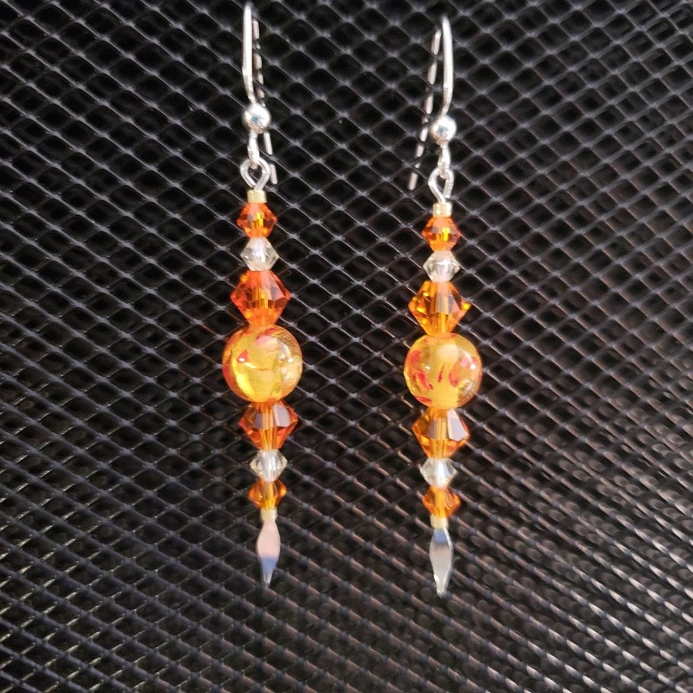 Silver orange fire beaded earrings